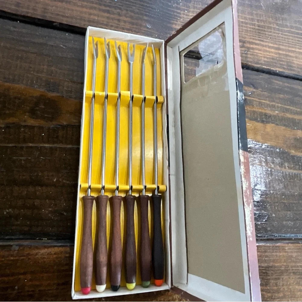 Vintage Set of 6 Fondue Forks with Colored Ends IOB Japan